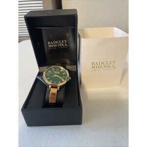 Badgley Mischka New York Women's Gold Round Bangle Watch With Emerald Green NEW